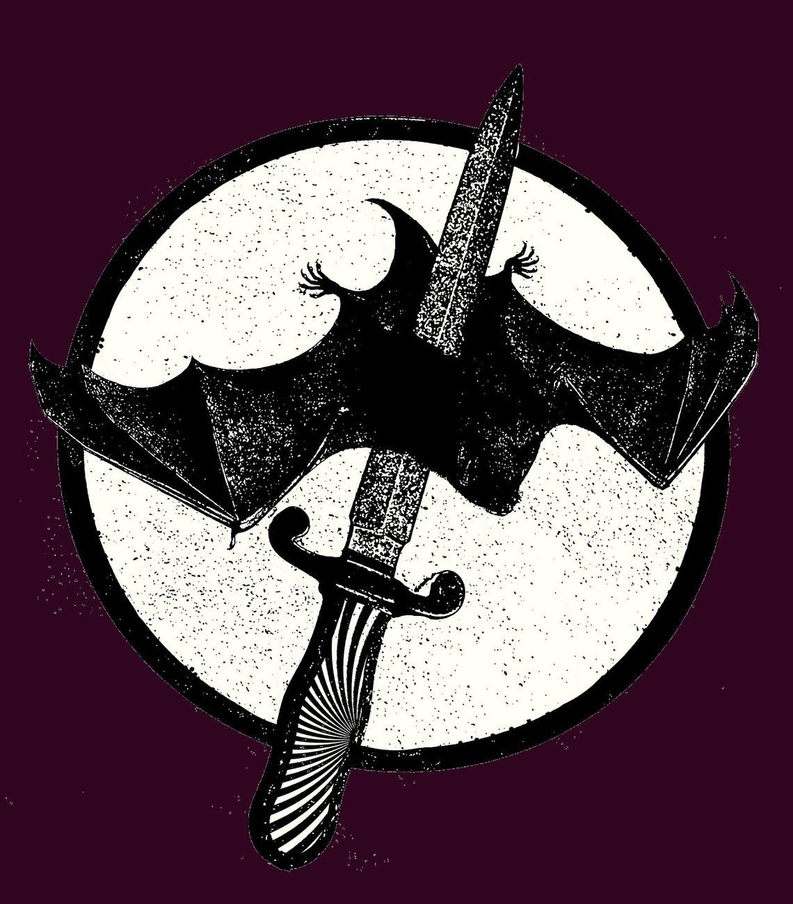 Ilustración de Heil Florez. Un murciélago invertido atravesado por un cuchillo.